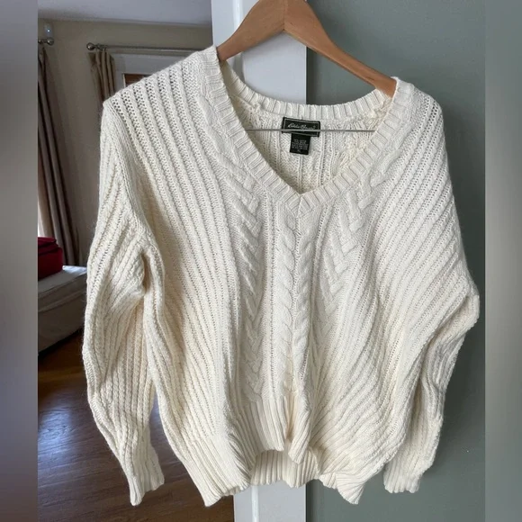 Eddie Bauer Cable Knit Ivory V-Neck Sweater - XL - Picture 1 of 8
